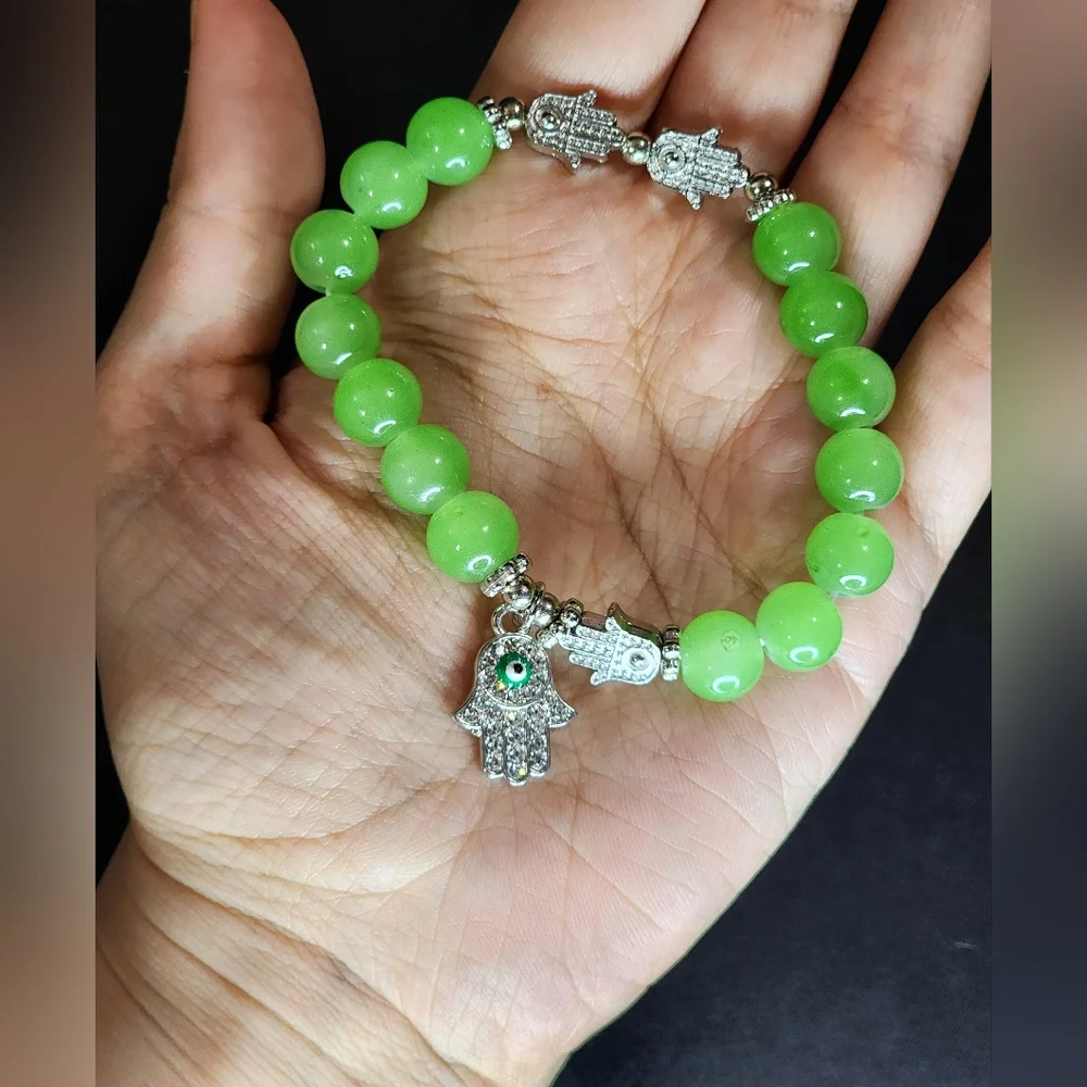 Neon Green Glass Beaded Hamsa Stretch Bracelet